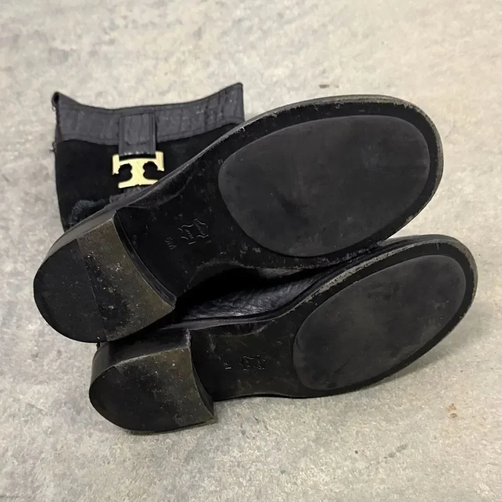 Tory Burch Black Leather and Suede Moto Boots